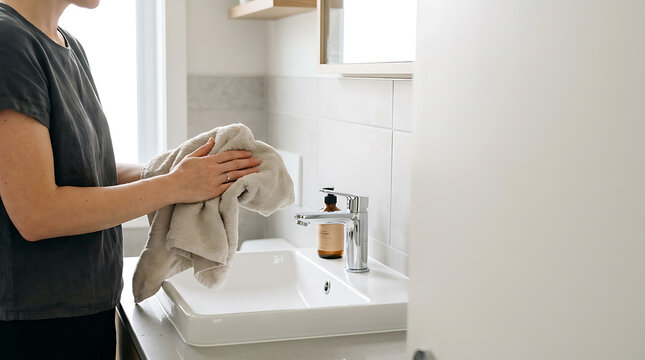 Woman drying hands with a towel in a modern bathroom.
