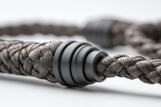 Close-up macro shot of a braided paracord with a textured dark grey plastic connector on a white background.