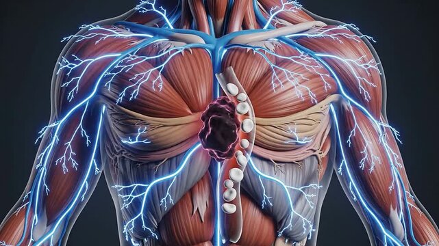3D Anatomical Rendering of Human Thorax Illustrating Veins, Arteries, and Nerves with Blue Glow Effects Against Dark Background