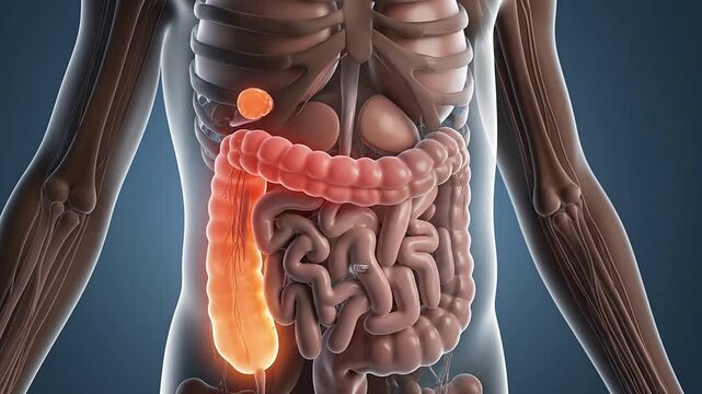 3D Anatomical Representation of Human Digestive System Highlighting Intestines and Internal Organs in Realistic Detail Against Dark Background