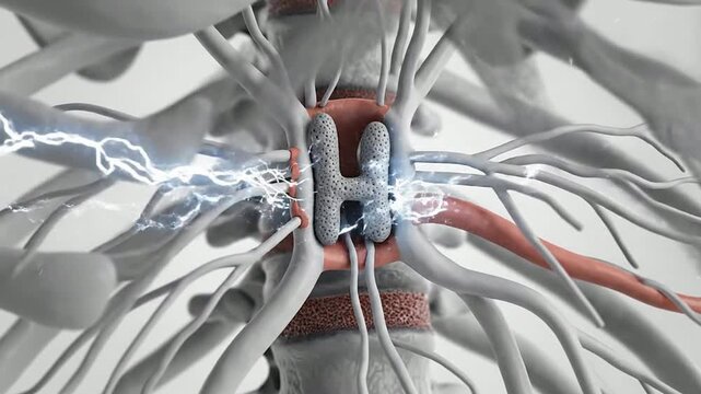 3D Anatomical Representation Of Human Spine And Nervous System With Electric Signal Visualization
