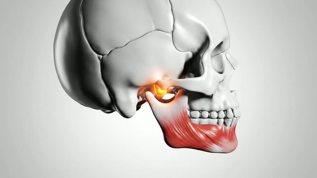 3D Anatomical Skull Rendering Highlighting Jaw Muscles And Temporomandibular Joint (TMJ) In Detailed Medical Visualization