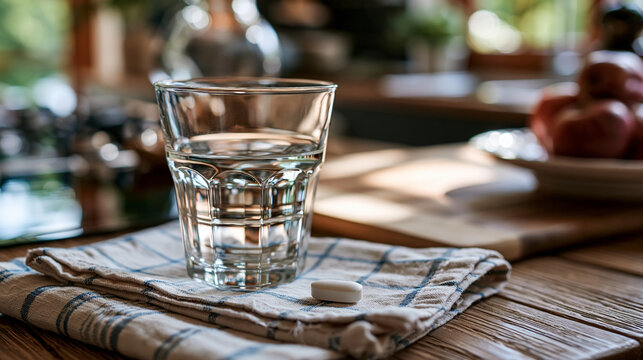 A glass of water and a single white pill resting on a folded cloth napkin on a kitchen table, glass of water, single pill, medication routine, senior wellness concept, kitchen