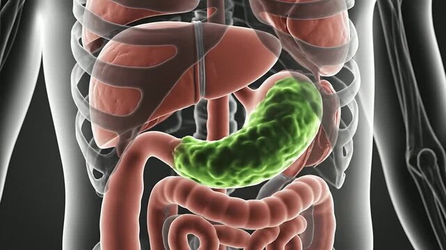 3D Anatomy Illustration of the Human Digestive System Highlighting the Stomach and Intestines in Vibrant Green Against a Dark Background for Medical Education and Health Content