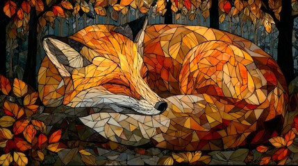 Fototapeta premium A beautiful mosaic fox sleeping peacefully while surrounded by vibrant autumn leaves in the forest