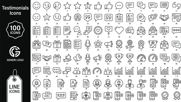 Collection of 100 testimonial icons for business and marketing use in line style