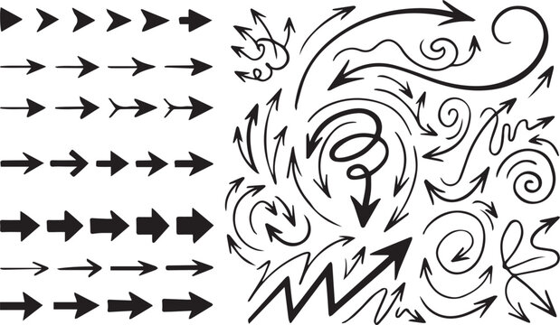Black Arrow Icon Set Direction Pointer Swirl Curl Flow Motion Dynamic Hand Drawn Doodle Pattern Vector Silhouette Collection Isolated White Background Design