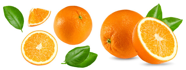 orange fruits with slices and green leaves isolated on white background. clipping path