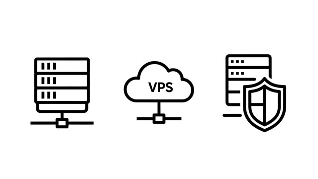 Cloud server and hosting infrastructure icons including virtual private server vps and secure data storage with infrastructure database security internet computing technology protection