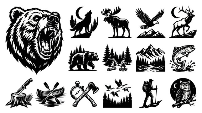 Black  White Line Art Outdoor Adventure  Wildlife Icons Collection - Nature, Camping, Hunting, Fishing Elements