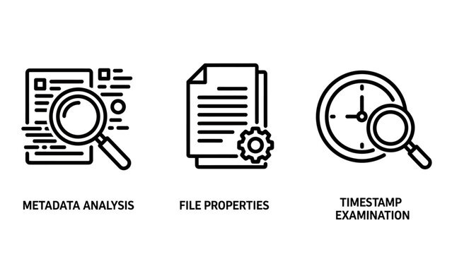 Metadata analysis file properties and timestamp examination line icons metadata analysis properties timestamp examination information settings document magnifier research technology