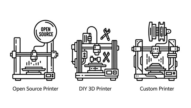 3D printer technology types including open source diy and custom hardware line icons with technology manufacturing additive prototyping hardware engineering production industrial innovation