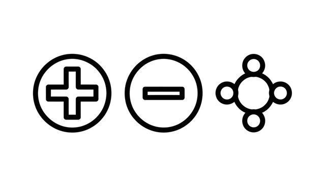 Plus minus and circular connection point UI symbols with positive negative addition subtraction connection interface calculator increase decrease subtract minimalist background isolated