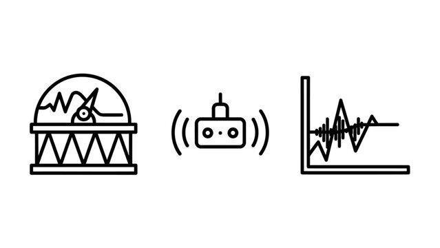 Geological monitoring remote control seismic activity graph icon set with monitoring earthquake geological seismograph activity measurement research technology transmitter analysis tracking