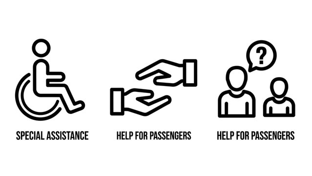 Special assistance and passenger support icons set for accessibility and customer help with assistance passenger accessibility handicap disabled wheelchair customer transport guidance