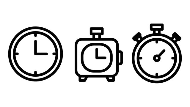 Set of three linear clock and timer icons representing time management with stopwatch schedule deadline measurement duration illustration business planning efficiency management punctuality