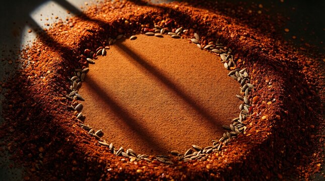 Empty Circle Frame Surrounded by Red Chili Powder and Seeds