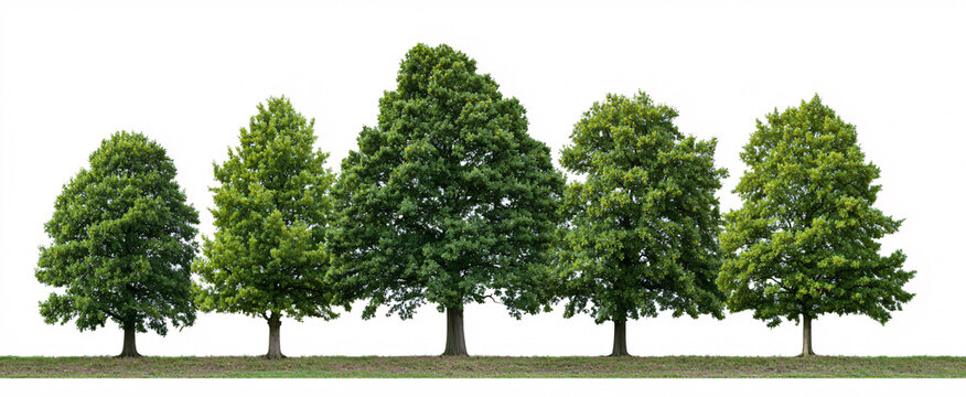 Vibrant set of Quercus robur urban trees viewed from the side on a white background