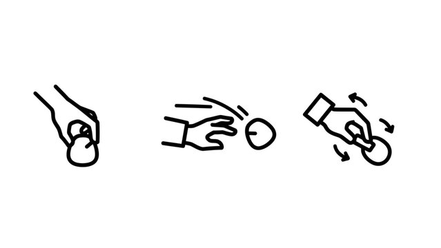 Hand gestures showing ball manipulation techniques in linear icon style with manipulation technique throwing spinning movement dexterity illustration exercise physical activity practice