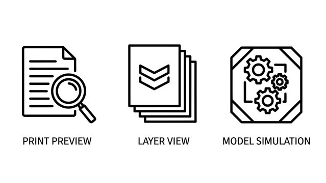 Set of industrial manufacturing line icons for printing and simulation with printing simulation industry manufacturing document magnifying technical engineering production workflow machinery