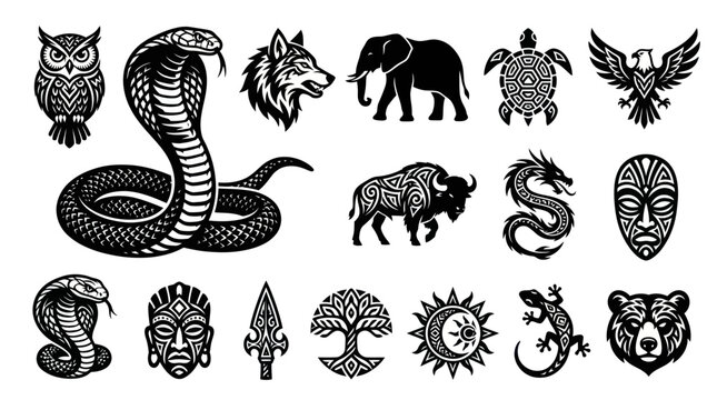 Black  White Glyph Icons: Animals, Tribal Masks, Symbols, Nature, Mythology