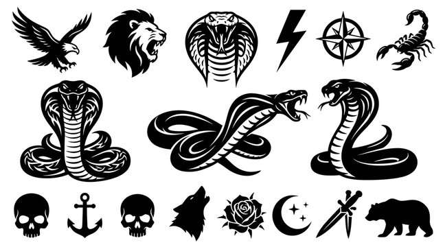 Black and White Vector Icons: Animals, Skulls, and Symbols for Tattoo Design