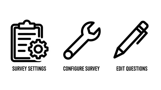 Survey configuration and question editing tool icons with settings configuration questions clipboard business collection research feedback management analysis interface improvement