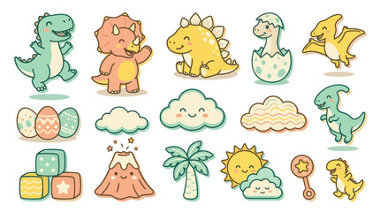 Obraz premium Cute Hand-Drawn Dinosaur Characters and Prehistoric Baby Elements Collection in Cartoon Style for Kids