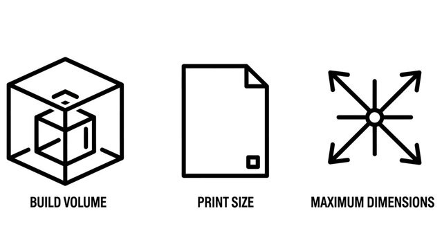 Technical specification icons set representing build volume print size and maximum dimensions as line art symbols with dimensions technical specifications measurement capacity manufacturing