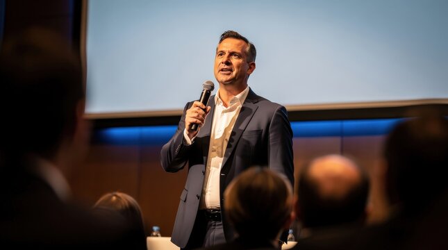 A man in a suit speaks confidently into a microphone before an audience at a professional event or conference.