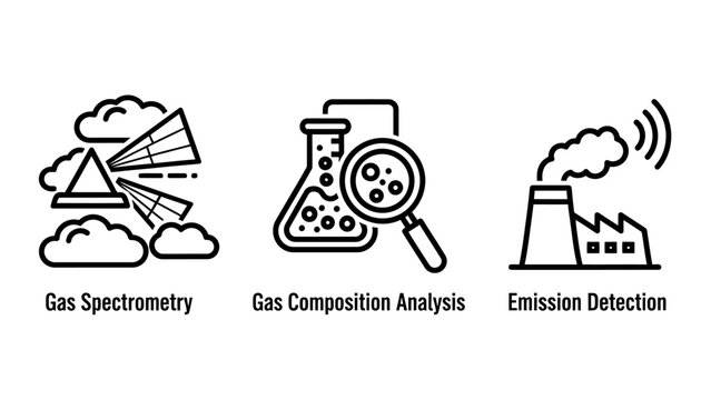 Industrial gas monitoring icons representing spectrometry composition analysis and factory emission detection with magnifying glass smoke stack analysis tool laboratory equipment spectrometry