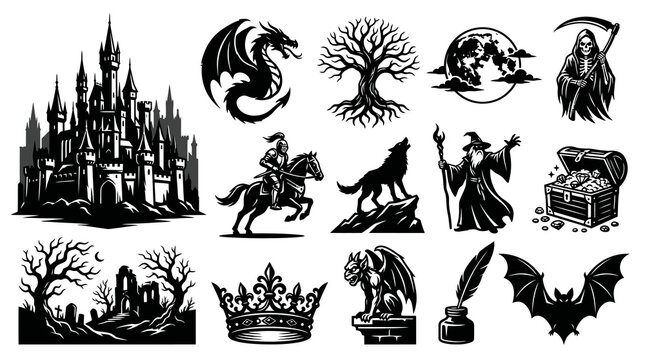 Medieval Fantasy Icons: Castle, Dragon, Knight, Wizard, Grim Reaper, Bat, Gothic Art Style