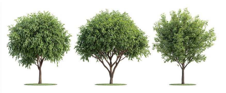 Side view of Ficus benjamina urban trees isolated on white background.