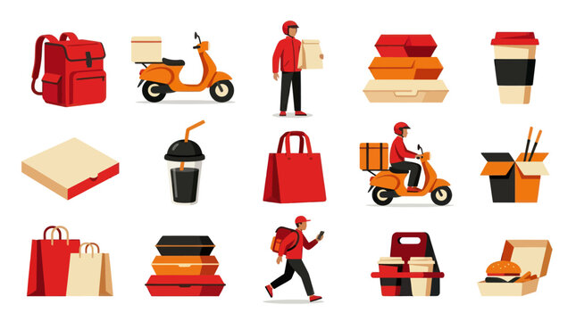 Flat Vector Food Delivery Icons Set: Courier Service Elements, Takeaway Boxes  Drink Cups Collection