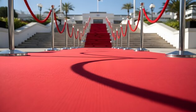 Red carpet at the Cannes Lions international festival of creativity event leading to a prestigious venue for an achievement concept under a sunny blue sky