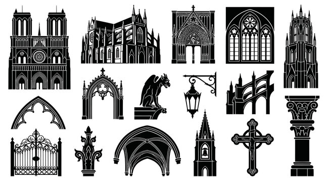 Gothic Architecture Elements: Black and White Vector Icons for Churches and Cathedrals