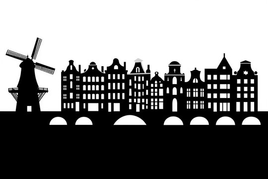 Amsterdam City Skyline Silhouette with Traditional Windmill and Historic Canal Houses on White Background