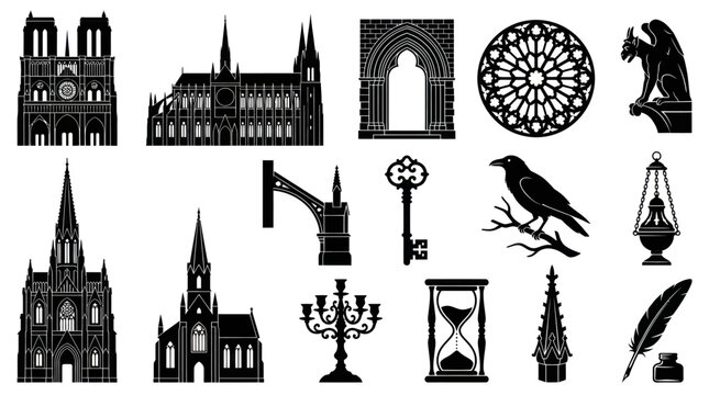Gothic Architecture and Medieval History Vector Glyph Icons Set. Black  White Silhouette Symbols Collection including Cathedrals, Gargoyle, Raven, and Old-World Elements.