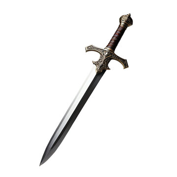 Ornate longsword with a dark blade, brown grip, and intricate hilt design
