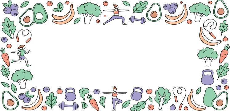 Healthy lifestyle border frame with fitness icons vegetables fruits and people exercising for wellness design.