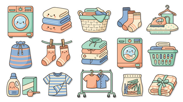 Cute Cartoon Laundry Icons Set. Hand-Drawn Kawaii Collection of Washing Machine, Folded Clothes, Detergent, and Ironing Supplies for Household Chores.
