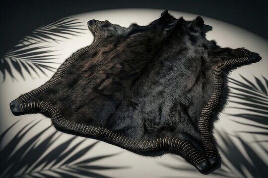 Dark Animal Fur Hide Rug with Palm Leaf Shadows