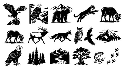 Naklejka premium Outdoor Adventure Monochromatic Vector Icons Set: Wildlife Animals, Mountains, Forest, River, Tracks