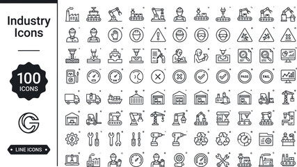 Fototapeta premium Industry Icons Set for Manufacturing Factory Logistics Robotics Engineering Construction Warehouse and Safety