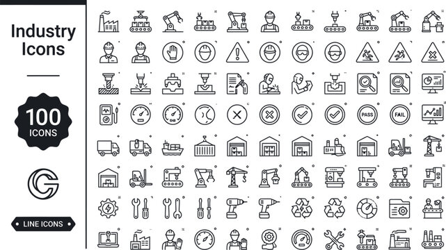 Industry Icons Set for Manufacturing Factory Logistics Robotics Engineering Construction Warehouse and Safety
