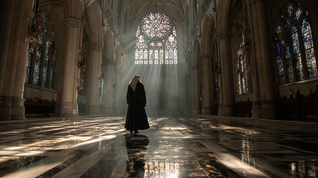 A nun stands peacefully in the center of a grand church illuminated by divine light rays