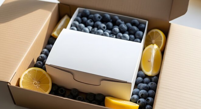Open cardboard box filled with fresh blueberries and sliced lemons, with a smaller white box of berries inside, ready for delivery.