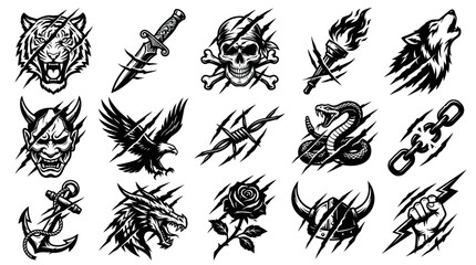 Obraz premium Black and White Tattoo Style Vector Icons: Tiger, Knife, Skull, Torch, Wolf, Oni, Eagle, Barbed Wire, Snake, Chain, Anchor, Dragon, Rose, Helmet, Fist