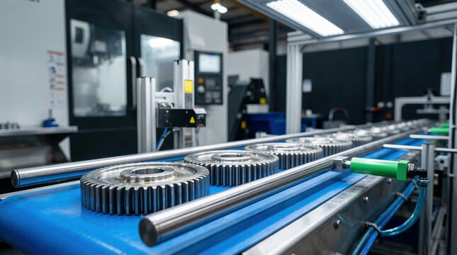 Mechanical gears and components on blue assembly line within modern automated manufacturing plant, industrial automation concept.
