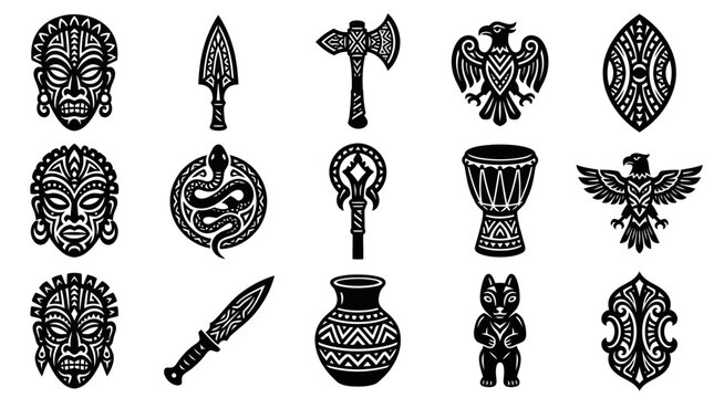 African Tribal Icons Set: Stylized Black  White Ethnic Masks, Weapons, Drums, Animals Glyphs